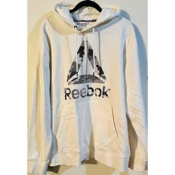 Reebok Men's White Hoodie Sweatshirt W/ Black Logo Print Size XL Kangaroo pocket - Picture 1 of 2